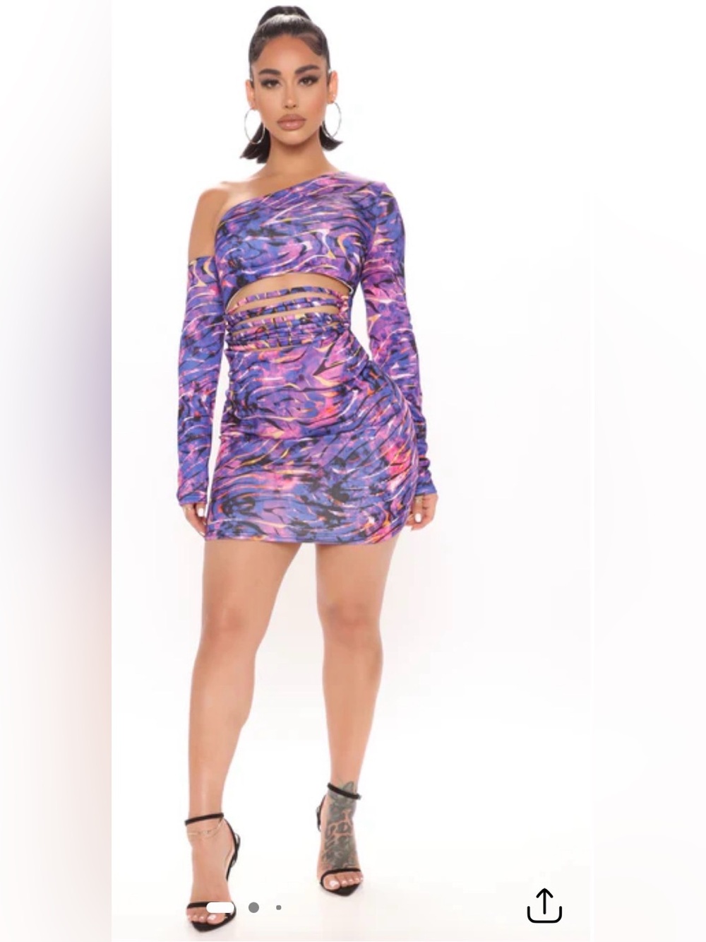 Fashion Nova Purple & Pink Abstract One-Shoulder Cutout Mini Dress